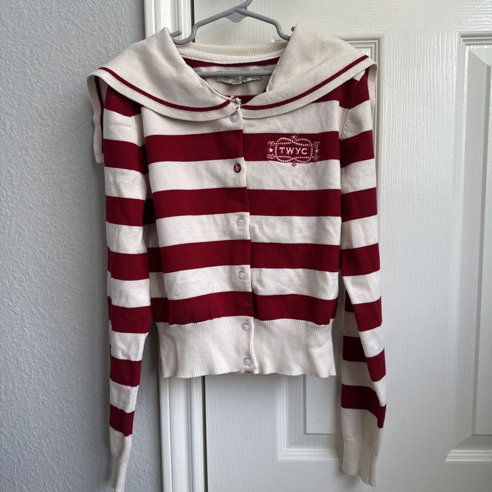 Teenie Weenie Striped Preppy Bear Sailor Sweater Long Sleeve Red Ivory Kids 155